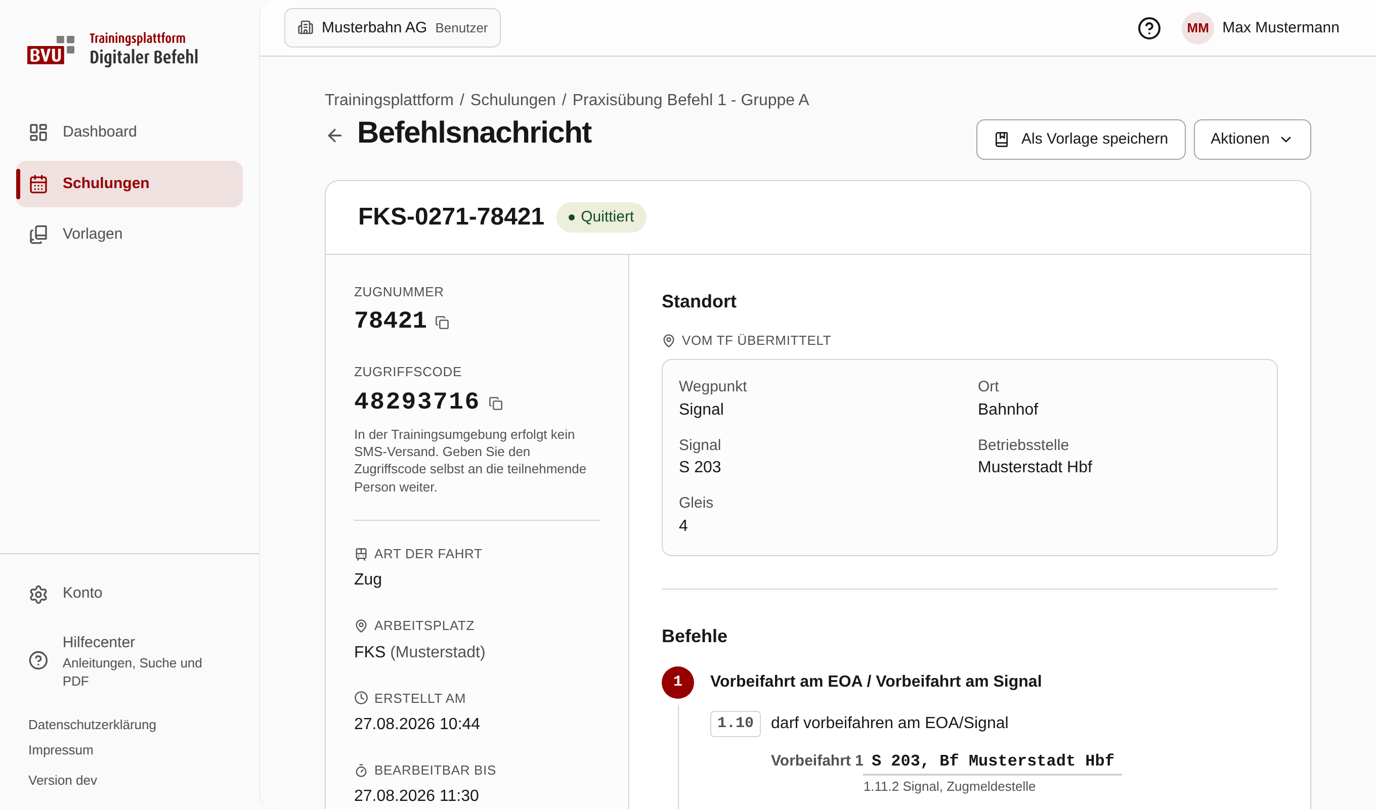 Detailansicht einer quittierten Befehlsnachricht mit übermitteltem Standort und Befehlen