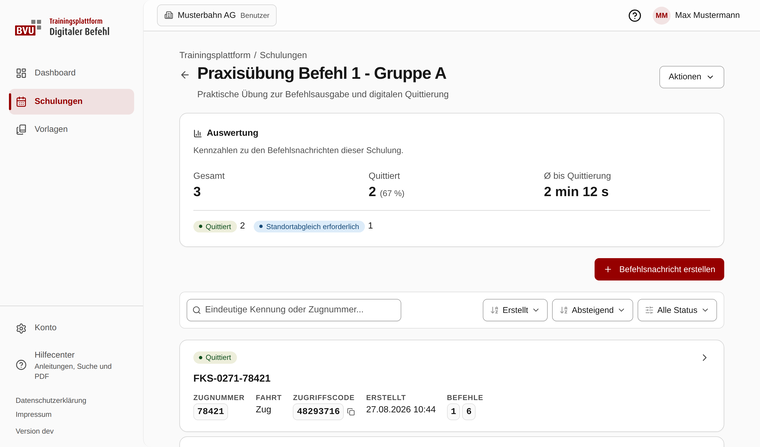 Schulungsübersicht für Schulungsleitende mit Auswertung, Statusübersicht und Befehlsnachrichten