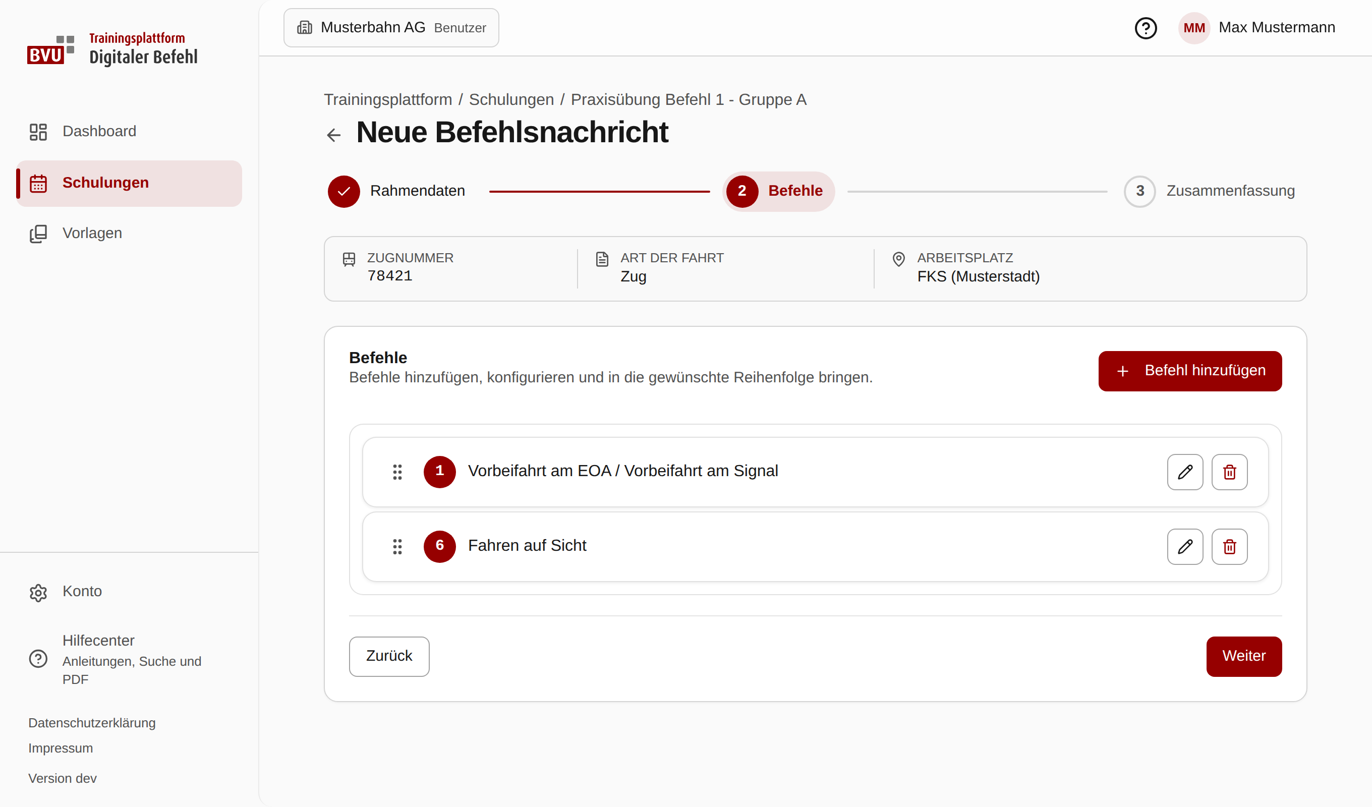 Assistent für eine neue Befehlsnachricht mit den Schritten Rahmendaten, Befehle und Zusammenfassung