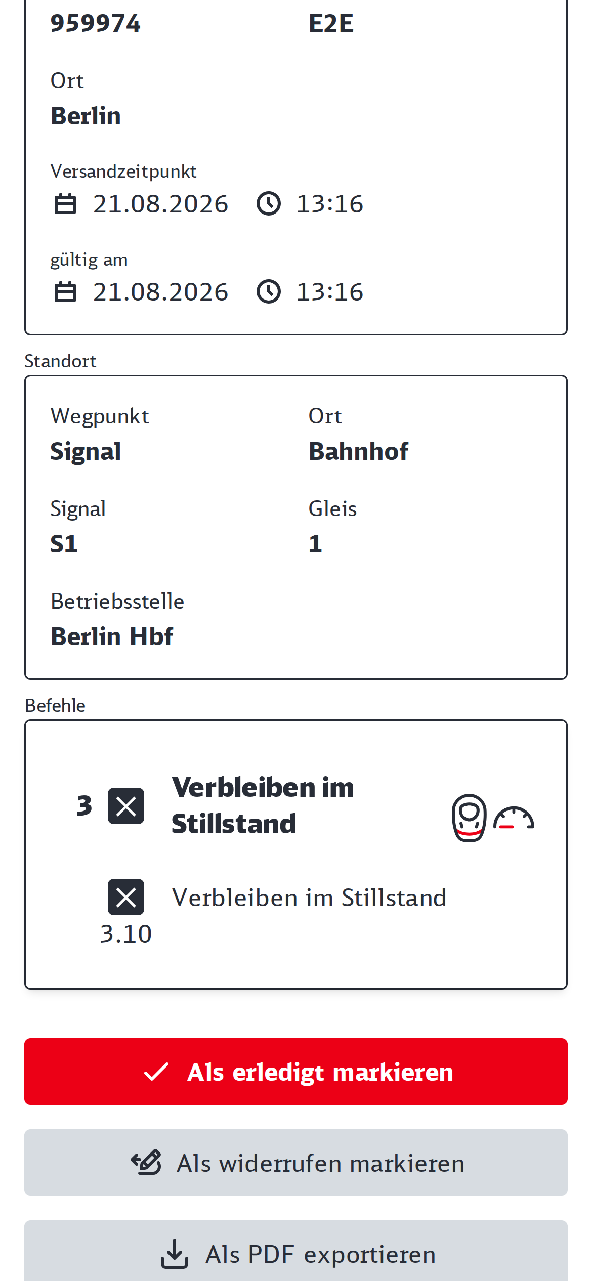 Schulungsumgebung für Triebfahrzeugführende: Befehl lesen und Befehlsnachricht quittieren